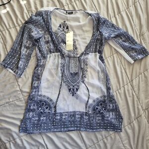 NWT Paradise USA Boho Paisley Drawstring Tunic Beach Cover-Up, Blue & White, OS